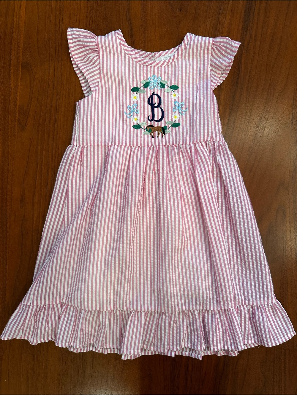 “B” Custom Horse Embroidered Girls Pink Striped Ruffle Dress size 4T